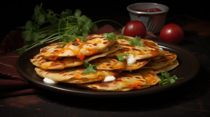 Plate of delicious flatbreads topped with combination of cheese and fragrant herbs. Perfect for quick and tasty snack or appetizer. .
