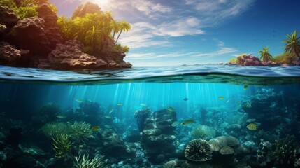 Fototapeta na wymiar coral reef and diver in the sea and island in the top blue water green land beautiful landscap
