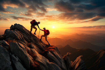 a mountaineer helps his friend reach the top of the mountain - obrazy, fototapety, plakaty