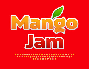 Vector bright label Mango Jam. Sticker style Font. Creative Alphabet Letters and Numbers.
