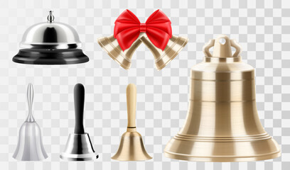 Set of different bells, gold and silver bells, hotel service bell, Christmas bells with red bow, hand bell with wooden handle isolated on transparent background. Realistic 3D vector illustration. - obrazy, fototapety, plakaty