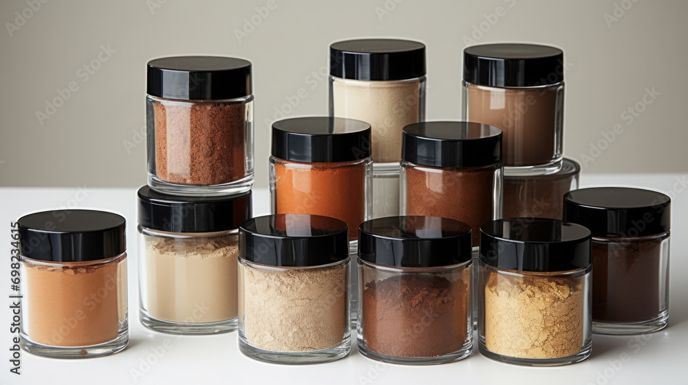 Poster jars filled with variety of vibrant colored powders. perfect for adding pop of color to your project