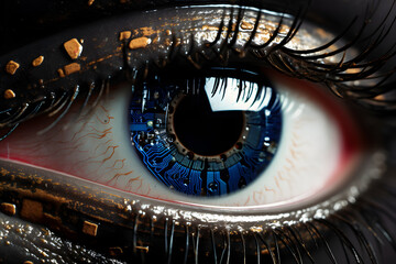 Sensor camera implanted into human cyborg eye. Concept futuristic sci-fi circuit board.