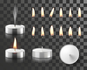 Set of Burning Tea candle and flames different shapes isolated on transparent background. Fire for fragrance lamp. Candlelight, tealight, aromatherapy, meditation. Realistic 3d Vector illustration.