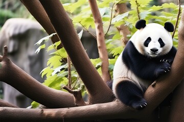 A white and black furred panda bear sits on a tree with green leaves.