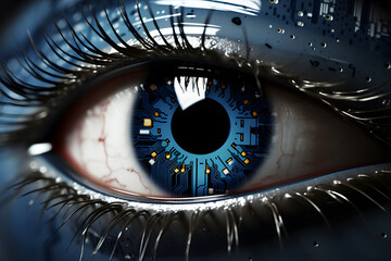 Sensor camera implanted into human cyborg eye. Concept futuristic sci-fi circuit board.