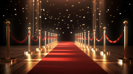 Luxurious red carpet with gold poles and red ropes. Perfect for events and VIP entrances. - obrazy, fototapety, plakaty