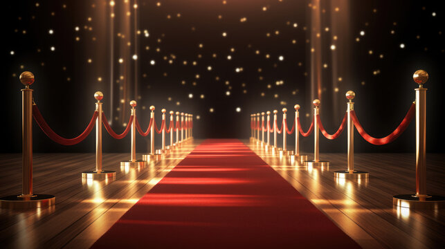 Luxurious red carpet with gold poles and red ropes. Perfect for events and VIP entrances.