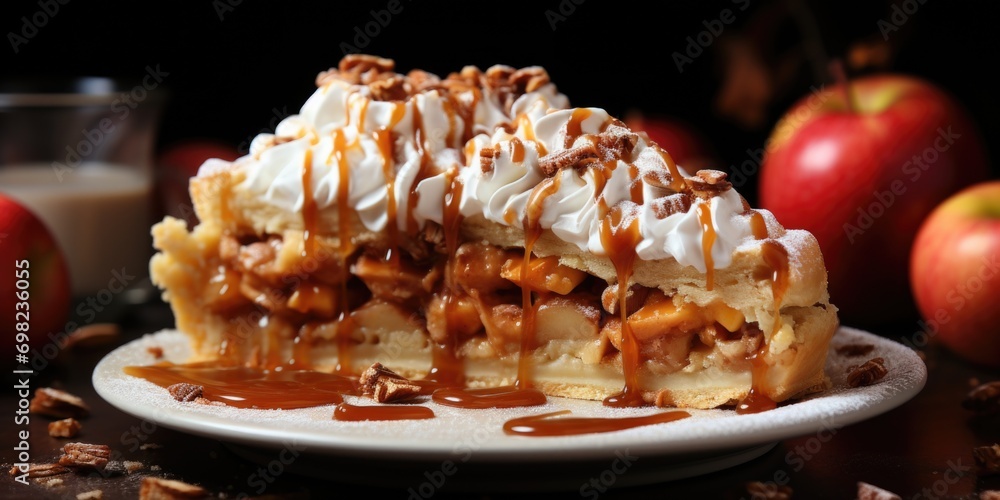 Poster a slice of pie with caramel and pecans on a plate.