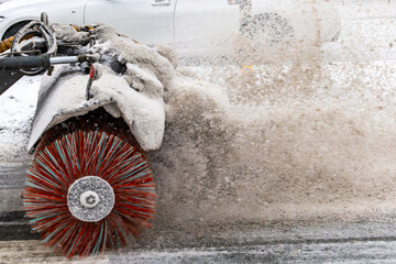 Stockholm, Sweden, A Snowplow on the street during a snow storm. - obrazy, fototapety, plakaty