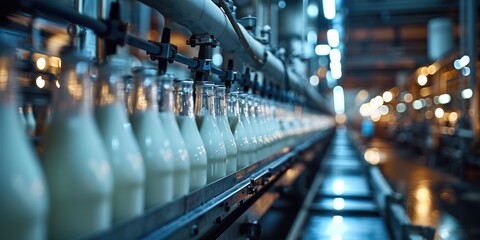 A line of milk bottles on a conveyor belt. - obrazy, fototapety, plakaty