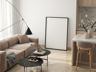 Frame mockup, ISO A paper size. Living room wall poster mockup. Interior mockup with house background. Modern interior design. 3D render

