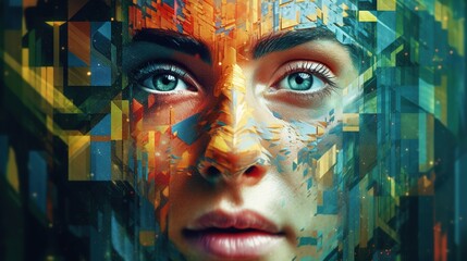 Close-up of a woman's face with an expressive look in the style of oil painting, executed with large strokes. Digital art. Illustration for cover, postcard, interior design or print.