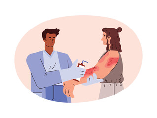 Dermatology doctor treats woman with skin disease with medical cream, vector health care of skin rash, psoriasis, eczema