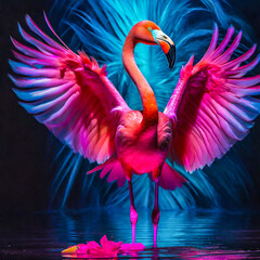 A full body portrait of a extremely colorful vibrant Pink Flamingo with all its feathers open.