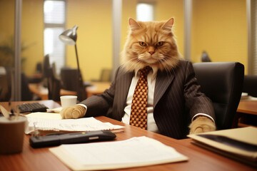 Cat boss in a suit with a tie sits at his desk, office work, finance, office employee, businessman humor