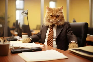 Fototapeten Cat boss in a suit with a tie sits at his desk, office work, finance, office employee, businessman humor © pavkis