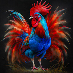 A full body portrait of a extremely vibrant red and blue male rooster.