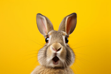  surprised rabbit on solid yellow background