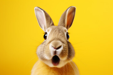 Obraz premium surprised rabbit on solid yellow background