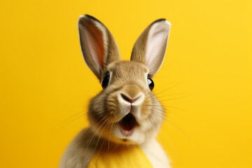 Obraz premium surprised rabbit on solid yellow background