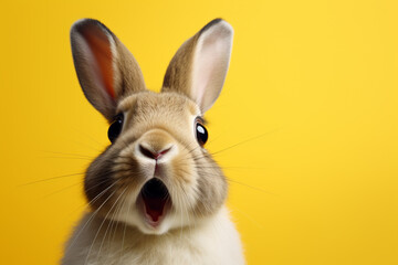  surprised rabbit on solid yellow background