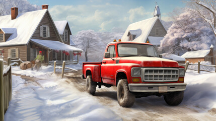 Red truck is seen driving down road covered in snow. This image can be used to depict winter landscapes, transportation, and travel in snowy conditions.