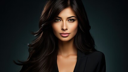 Beautiful female face with powerful silky hair and chic hairstyle. Perfect image of a beautiful brunette woman. Feminine image of natural beauty. Illustration for beauty and fashion magazine.