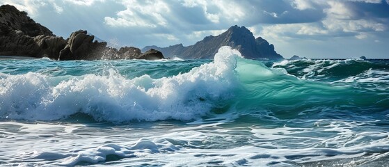 Waves crashing on the shore. Dynamic interaction between the powerful sea and the uneven landscape