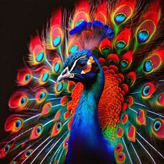 Obraz premium A full body portrait of a extremely vibrant red and blue peacock with all its red feathers 