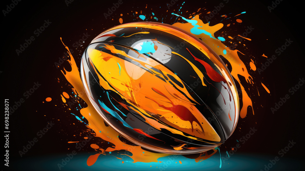 Poster vibrant ball with glossy orange and black surface, adorned with colorful paint splatters. perfect fo