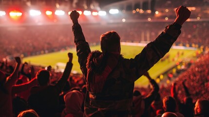 Silhouette of fans cheering at a football game - obrazy, fototapety, plakaty