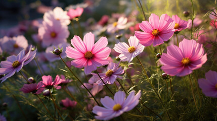Beautiful field of pink flowers illuminated by sun. Ideal for nature-themed designs and backgrounds.