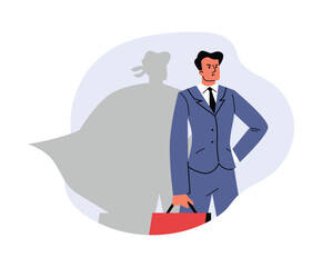 Man and superhero shadow, crisis management design concept, vector on white