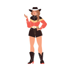 Smiling cowgirl in hat and special clothes flat style, vector illustration