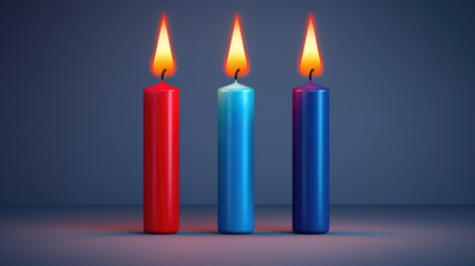 Three candles are lit in row on table. This image can be used to create cozy atmosphere or for religious and spiritual themes.