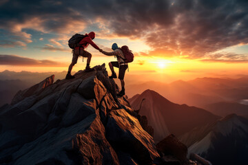 mountaineer helping friend reach the summit