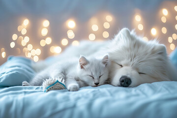 Cute white kitty and samoyed puppy friends sleeping at cozy Christmas home.. - obrazy, fototapety, plakaty