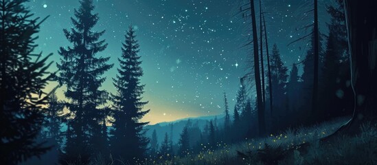 Forest glade under starry night sky, outdoor landscape at night.