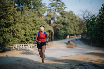 Active couple running in park during afternoon training. Fit, sporty bodies, motivated.