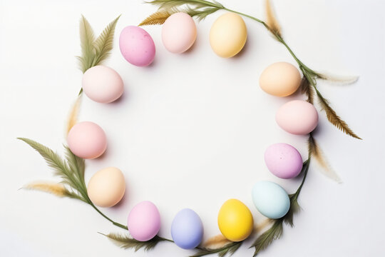 Creative Easter composition of colorful eggs arranged in circle. Flat lay minimal background.Copy space.