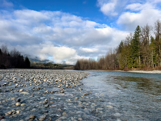 Lovely clear river running through the Cascades of Washington state during the winter season