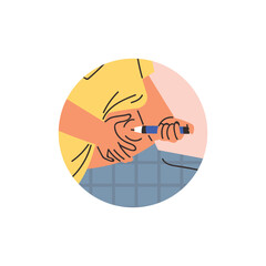 Sitting person apply injection pen syringe in belly.