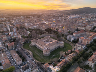 Italy, December 25, 2023: aerial view of the city of Pesaro at sunset, Italian capital of culture...