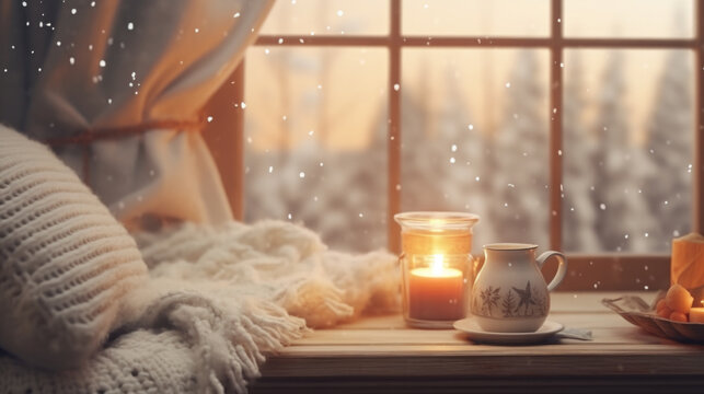Cup of coffee and lit candle placed on window sill. This image can be used to create cozy and peaceful atmosphere in various settings.