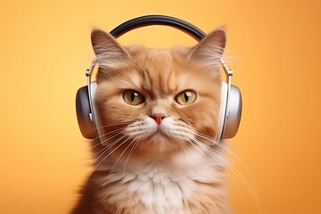 The cat listens to music. Cat wearing headphones. Love for music. Music lover.