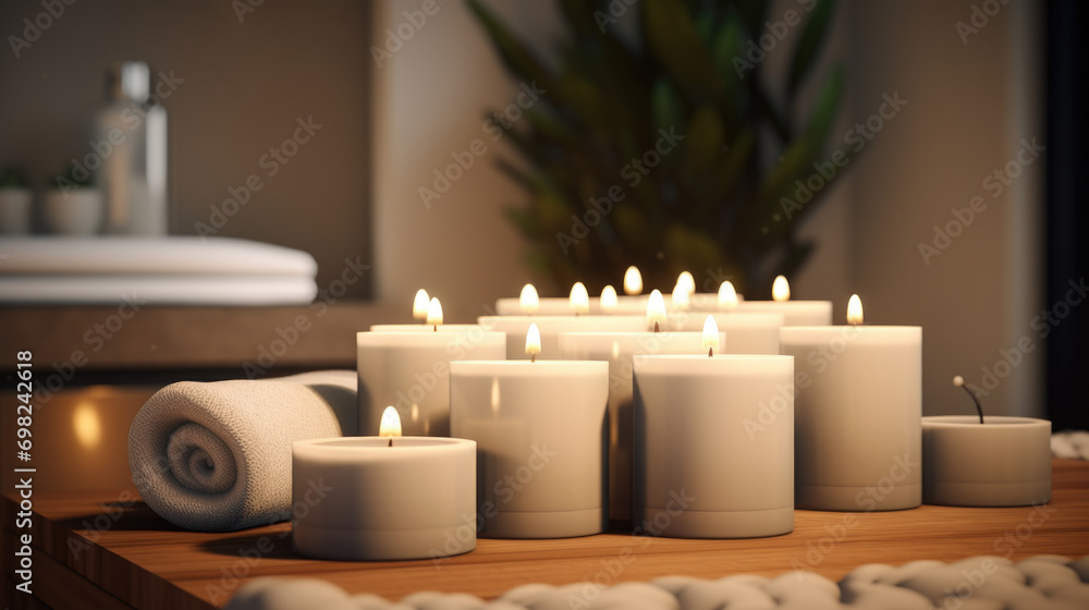 Poster candles arranged in cluster on rustic wooden table. suitable for creating cozy atmosphere or for add