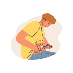 Smiling young man making self injection in stomach flat style