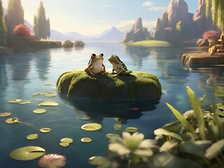 The couple arrives at a serene lake, its waters shimmering under the sunlight. A small frog sits at the edge of the lake, while some fish swim slowly in its waters.