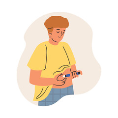 Diabetic boy patient using insulin pen for making an insulin injection to the abdominal area, vector self injection